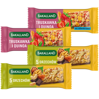 Zestaw Bakalland Baton zbożowy, truskawka i quinoa, bez dodatku cukru, 2 x 30 g + baton zbożowy, 5 orzechów, 2 x 40 g Zestaw Bakalland Baton zbożowy, truskawka i quinoa, bez dodatku cukru, 2 x 30 g + baton zbożowy, 5 orzechów, 2 x 40 g - zdjęcie produktu