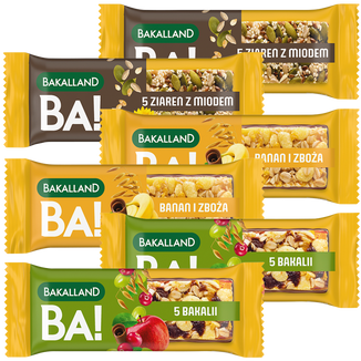 Zestaw Bakalland Baton zbożowy, 5 ziaren z miodem, 2 x 40 g + banan i zboża, 2 x 40 g + 5 bakalii, 2 x 40 g Zestaw Bakalland Baton zbożowy, 5 ziaren z miodem, 2 x 40 g + banan i zboża, 2 x 40 g + 5 bakalii, 2 x 40 g - zdjęcie produktu
