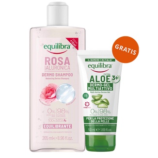 Equilibra Rosa, szampon równoważący, róża i kwas hialuronowy, 265 ml + żel aloesowy multi-active, 50 ml gratis Equilibra Rosa, szampon równoważący, róża i kwas hialuronowy, 265 ml + żel aloesowy multi-active, 50 ml gratis - zdjęcie produktu