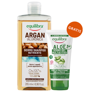 Equilibra Argan, szampon odżywczy, argan i kwas hialuronowy, 265 ml + żel aloesowy multi-active, 50 ml gratis Equilibra Argan, szampon odżywczy, argan i kwas hialuronowy, 265 ml + żel aloesowy multi-active, 50 ml gratis - zdjęcie produktu