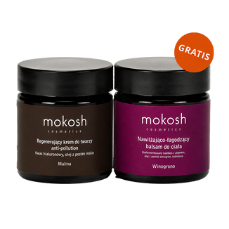 Mokosh, regenerujący krem do twarzy anti-pollution, malina, 60 ml + balsam nawilżająco-łagodzący do ciała, winogrono, 60 ml gratis Mokosh, regenerujący krem do twarzy anti-pollution, malina, 60 ml + balsam nawilżająco-łagodzący do ciała, winogrono, 60 ml gratis - zdjęcie produktu