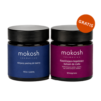 Mokosh, peeling do twarzy, róża z jagodą, 60 ml + balsam nawilżająco-łagodzący do ciała, winogrono, 60 ml gratis - zdjęcie produktu
