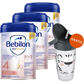 Zestaw Bebilon Profutura DuoBiotik 4, odżywcza formuła na bazie mleka, po 2 roku, 3 x 800 g + Lovi, kubek ze słomką, od 11 miesiąca, 350 ml gratis - zdjęcie produktu