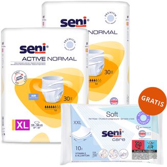 Zestaw Seni Active Normal, majtki chłonne, XL, 120-160 cm, 2 x 30 sztuk + chusteczki nawilżane, pielęgnacyjne, XXL, 10 sztuk gratis - zdjęcie produktu