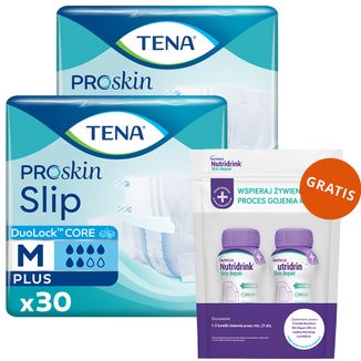 Zestaw Tena Slip ProSkin Plus, pieluchomajtki, rozmiar M, 73-122 cm, 2 x 30 sztuk + Nutridrink Skin Repair, preparat odżywczy, smak czekoladowy, 2 x 200 ml gratis Zestaw Tena Slip ProSkin Plus, pieluchomajtki, rozmiar M, 73-122 cm, 2 x 30 sztuk + Nutridrink Skin Repair, preparat odżywczy, smak czekoladowy, 2 x 200 ml gratis - zdjęcie produktu