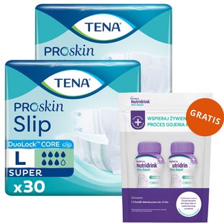 Zestaw Tena Slip ProSkin Super, pieluchomajtki, rozmiar L, 92-144 cm, 2 x 30 sztuk + Nutridrink Skin Repair, preparat odżywczy, smak czekoladowy, 2 x 200 ml gratis Zestaw Tena Slip ProSkin Super, pieluchomajtki, rozmiar L, 92-144 cm, 2 x 30 sztuk + Nutridrink Skin Repair, preparat odżywczy, smak czekoladowy, 2 x 200 ml gratis - zdjęcie produktu