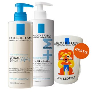Zestaw La Roche-Posay Lipikar Baume AP+Max, balsam do ciała, skóra sucha i atopowa, od urodzenia, 400 ml + krem myjący do ciała, 400 ml + kubeczek do mycia zębów gratis - zdjęcie produktu