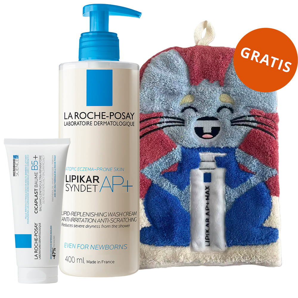 La Roche Posay Zestaw La Roche-Posay Cicaplast Baume B5+, kojący balsam regenerujący, 100 ml + krem myjący, 400 ml + myjka-rękawica do kąpieli, dla dzieci gratis
