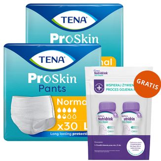 Zestaw Tena Pants ProSkin Normal, majtki chłonne, rozmiar L, 100-135 cm, 2 x 30 sztuk + Nutridrink Skin Repair, preparat odżywczy, smak czekoladowy, 2 x 200 ml gratis Zestaw Tena Pants ProSkin Normal, majtki chłonne, rozmiar L, 100-135 cm, 2 x 30 sztuk + Nutridrink Skin Repair, preparat odżywczy, smak czekoladowy, 2 x 200 ml gratis - zdjęcie produktu
