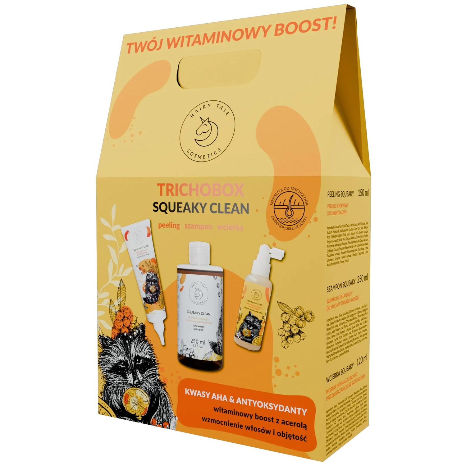 Hairy Tale Cosmetics Set Hairy Tale Cosmetics Trichobox Squeaky Clean mit Vitaminen Boost, peeling, 150 ml + Shampoo, 250 ml + Haarkur, 120 ml — Inhaltsstoffe und Bewertung