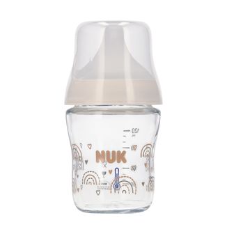 NUK Perfect Match, szklana butelka antykolkowa ze smoczkiem silikonowym, rozmiar S, Tęcza, 0-6 miesięcy, 120 ml NUK Perfect Match, szklana butelka antykolkowa ze smoczkiem silikonowym, rozmiar S, Tęcza, 0-6 miesięcy, 120 ml - zdjęcie produktu