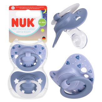 NUK First Choice, smoczek uspokajający Classic Day & Night, świecący w ciemności, 18-36 miesięcy, silikonowy, anatomiczny, 2 sztuki NUK First Choice, smoczek uspokajający Classic Day & Night, świecący w ciemności, 18-36 miesięcy, silikonowy, anatomiczny, 2 sztuki - zdjęcie produktu