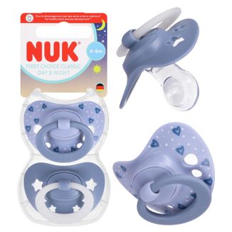 NUK First Choice, smoczek uspokajający Classic Day & Night, 0-6 miesięcy, silikonowy, anatomiczny, 2 sztuki NUK First Choice, smoczek uspokajający Classic Day & Night, 0-6 miesięcy, silikonowy, anatomiczny, 2 sztuki - zdjęcie produktu