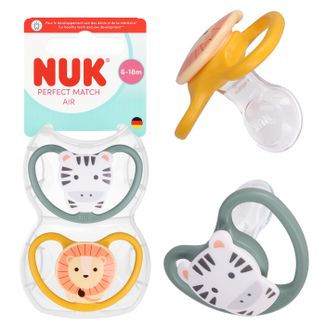 NUK Perfect Match, smoczek uspokajający, 6-18 miesięcy, silikonowy, anatomiczny, Zebra i Lew, 2 sztuki - zdjęcie produktu