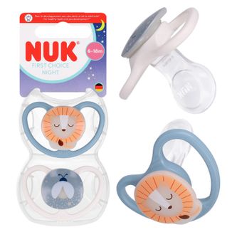 NUK First Choice Night, smoczek uspokajający, świecący w ciemności, 6-18 miesięcy, silikonowy, ortodontyczny, Lew, 2 sztuki - zdjęcie produktu