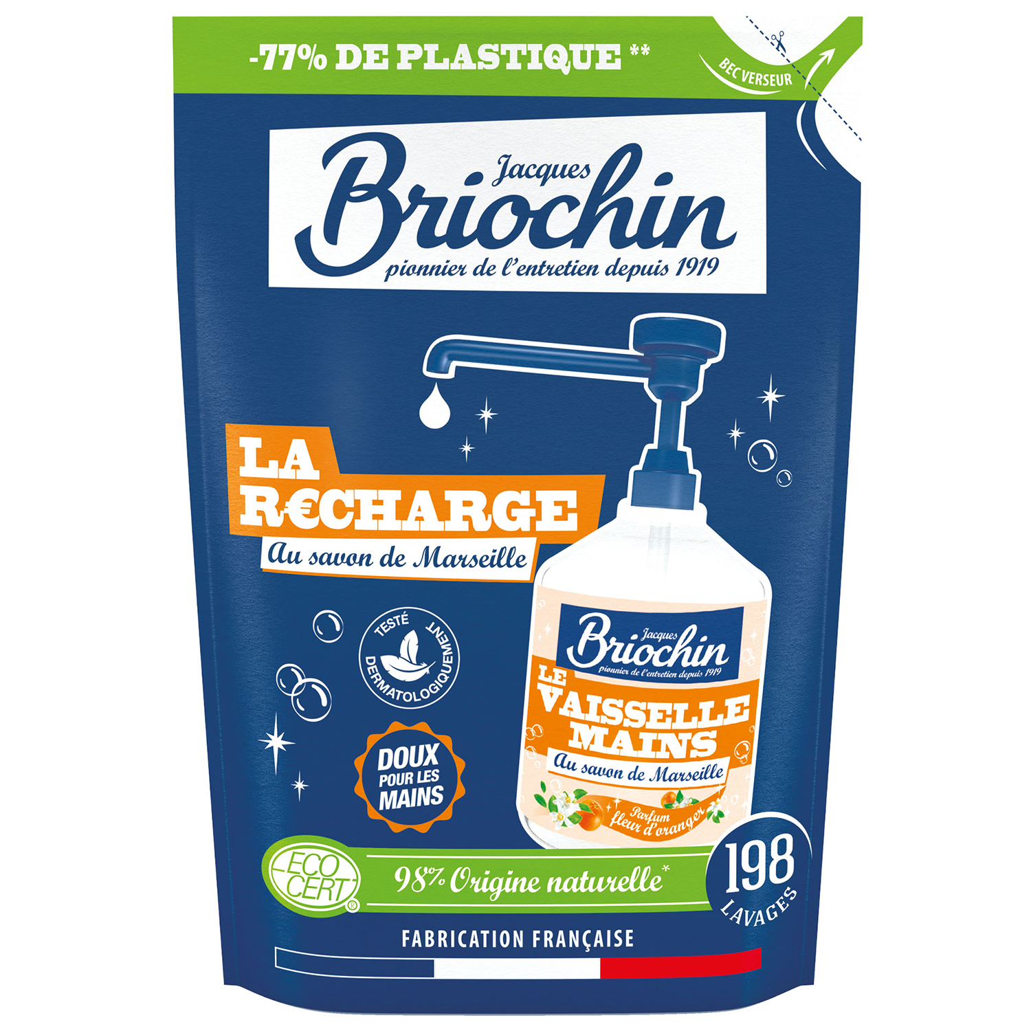Nieznana Briochin, żel do mycia naczyń i rąk, mydło marsylskie & kwiat pomarańczy, zapas, 450 ml