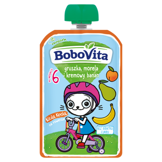 BoboVita Kicia Kocia Mus w tubce, gruszka, banan, morela, 100 g BoboVita Kicia Kocia Mus w tubce, gruszka, banan, morela, 100 g - zdjęcie produktu
