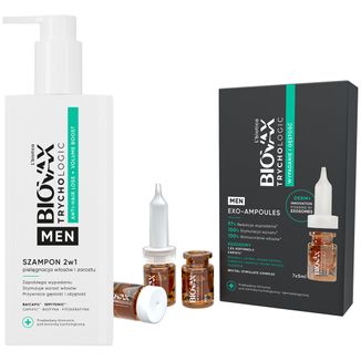 Zestaw L'Biotica Biovax Trychologic Wypadanie i Gęstość Exo-Ampoules, kuracja dla mężczyzn, 7 x 5 ml + szampon 2w1 do włosów i zarostu dla mężczyzn, 200 ml - zdjęcie produktu