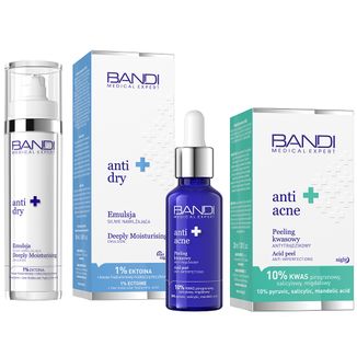 Zestaw Bandi Anti-Dry, emulsja silnie nawilżająca, 50 ml + peeling kwasowy antytrądzikowy, 30 ml - zdjęcie produktu