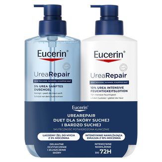 Zestaw Eucerin Urearepair, żel do mycia ciała z 5% mocznikiem, 400 ml + emulsja do ciała z mocznikiem 10% do skóry bardzo suchej i szorstkiej, 400 ml - zdjęcie produktu