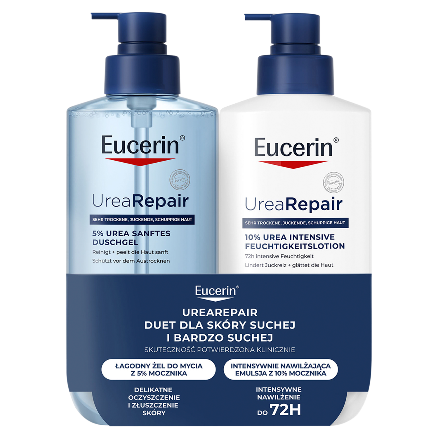 Eucerin Zestaw Eucerin Urearepair, żel do mycia ciała z 5% mocznikiem, 400 ml + emulsja do ciała z mocznikiem 10% do skóry bardzo suchej i szorstkiej, 400 ml
