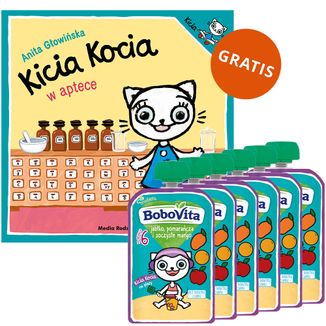 Zestaw BoboVita Kicia Kocia Mus w tubce, jabłko, mango, pomarańcza, 6 x 100 g + Kicia Kocia w aptece, książeczka dla dzieci gratis Zestaw BoboVita Kicia Kocia Mus w tubce, jabłko, mango, pomarańcza, 6 x 100 g + Kicia Kocia w aptece, książeczka dla dzieci gratis - zdjęcie produktu