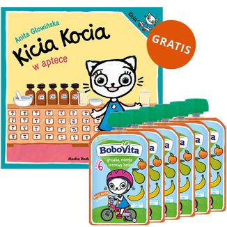 Zestaw BoboVita Kicia Kocia Mus w tubce, gruszka, banan, morela, 6 x 100 g + Kicia Kocia w aptece, książeczka dla dzieci gratis Zestaw BoboVita Kicia Kocia Mus w tubce, gruszka, banan, morela, 6 x 100 g + Kicia Kocia w aptece, książeczka dla dzieci gratis - zdjęcie produktu