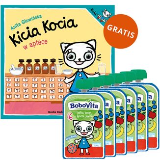 Zestaw BoboVita Kicia Kocia Mus w tubce, jagody, jabłko, banan, 6 x 100 g + Kicia Kocia w aptece, książeczka dla dzieci gratis Zestaw BoboVita Kicia Kocia Mus w tubce, jagody, jabłko, banan, 6 x 100 g + Kicia Kocia w aptece, książeczka dla dzieci gratis - zdjęcie produktu