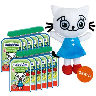 Zestaw BoboVita Kicia Kocia Mus w tubce, jagody, jabłko, banan, 12 x 100 g + maskotka gratis - zdjęcie produktu