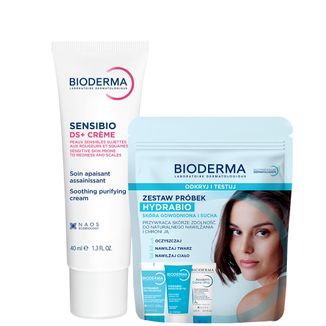 Zestaw Bioderma Sensibio DS+, krem przeciw podrażnieniom, skóra wrażliwa, 40 ml + mini produkty Bioderma Hydrabio Odkryj i Testuj - zdjęcie produktu