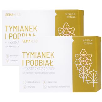 Zestaw SEMA Lab Tymianek i Podbiał + ekstrakt z 20 ziół, bez cukru, 2 x 24 pastylki do ssania Zestaw SEMA Lab Tymianek i Podbiał + ekstrakt z 20 ziół, bez cukru, 2 x 24 pastylki do ssania - zdjęcie produktu