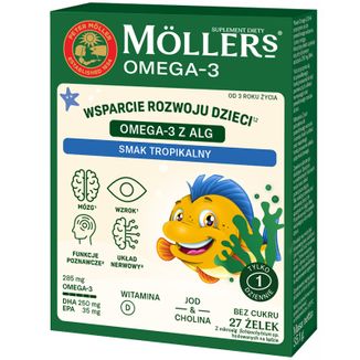 Moller's Omega 3 Algi Rybki, żelki, smak tropikalny, bez cukru, od 3 lat, 27 sztuk Moller's Omega 3 Algi Rybki, żelki, smak tropikalny, bez cukru, od 3 lat, 27 sztuk - zdjęcie produktu