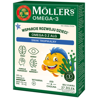 Moller's Omega 3 Algi Rybki, żelki, smak tropikalny, bez cukru, od 3 lat, 27 sztuk Moller's Omega 3 Algi Rybki, żelki, smak tropikalny, bez cukru, od 3 lat, 27 sztuk - zdjęcie produktu