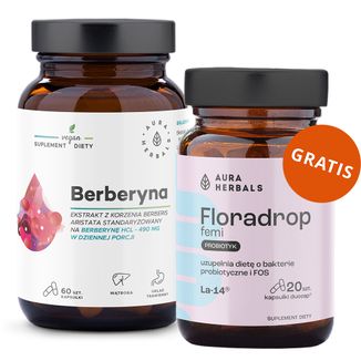 Aura Herbals Berberyna 490 mg, 60 kapsułek + Floradrop Femi Probiotyk, 20 kapsułek gratis Aura Herbals Berberyna 490 mg, 60 kapsułek + Floradrop Femi Probiotyk, 20 kapsułek gratis - zdjęcie produktu