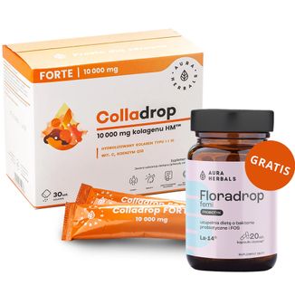 Aura Herbals Colladrop Forte Kolagen 10000 mg, 30 saszetek + Floradrop Femi Probiotyk, 20 kapsułek gratis Aura Herbals Colladrop Forte Kolagen 10000 mg, 30 saszetek + Floradrop Femi Probiotyk, 20 kapsułek gratis - zdjęcie produktu
