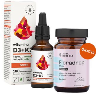 Aura Herbals Witamina D3 4000 IU + K2 100 µg Forte, krople, 30 ml + Floradrop Femi Probiotyk, 20 kapsułek gratis Aura Herbals Witamina D3 4000 IU + K2 100 µg Forte, krople, 30 ml + Floradrop Femi Probiotyk, 20 kapsułek gratis - zdjęcie produktu