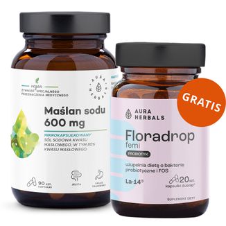 Aura Herbals Maślan sodu mikrokapsułkowany 600 mg, 90 kapsułek + Floradrop Femi Probiotyk, 20 kapsułek gratis Aura Herbals Maślan sodu mikrokapsułkowany 600 mg, 90 kapsułek + Floradrop Femi Probiotyk, 20 kapsułek gratis - zdjęcie produktu