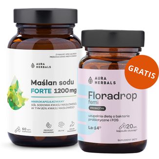 Aura Herbals Maślan Sodu Forte 1200 mg, 60 kapsułek + Floradrop Femi Probiotyk, 20 kapsułek gratis Aura Herbals Maślan Sodu Forte 1200 mg, 60 kapsułek + Floradrop Femi Probiotyk, 20 kapsułek gratis - zdjęcie produktu