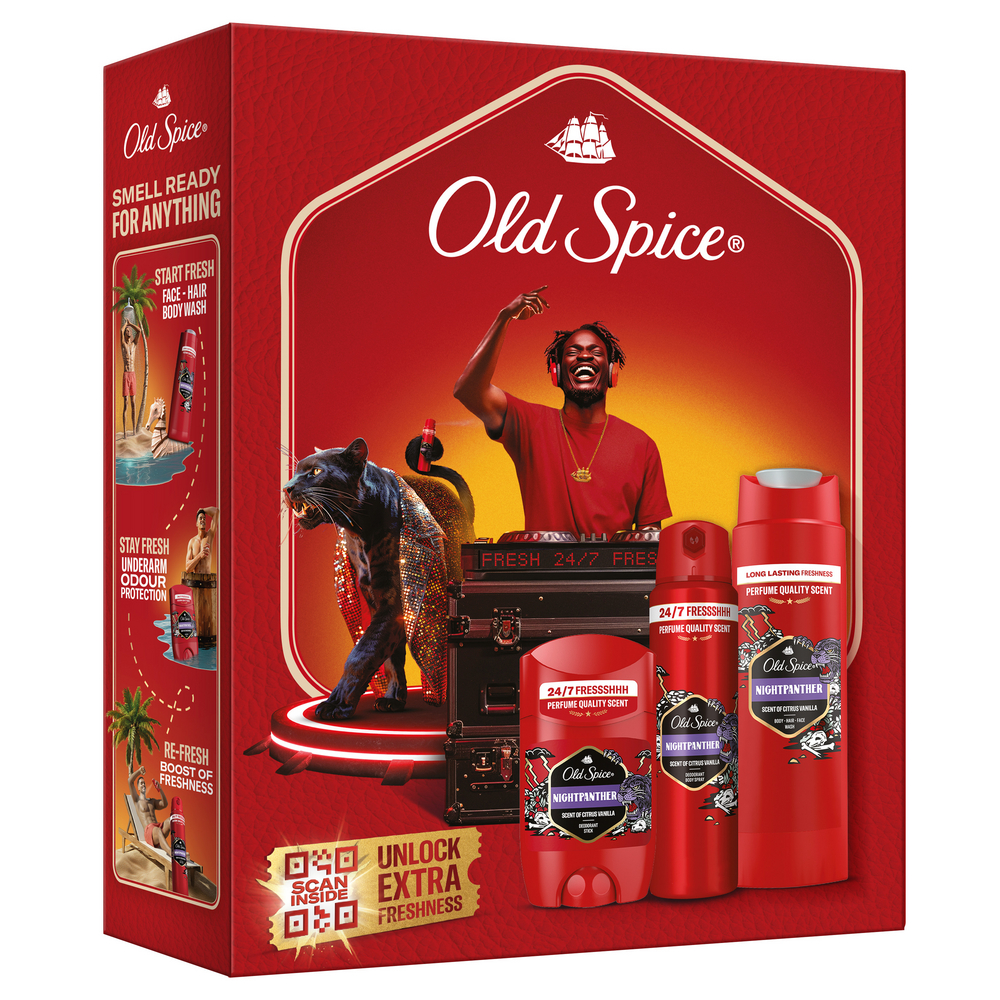 Old Spice Zestaw Old Spice DJ, Nightpanther, dezodorant w sztyfcie, 50 ml + dezodorant w sprayu, 150 ml + żel pod prysznic 3w1, 250 ml