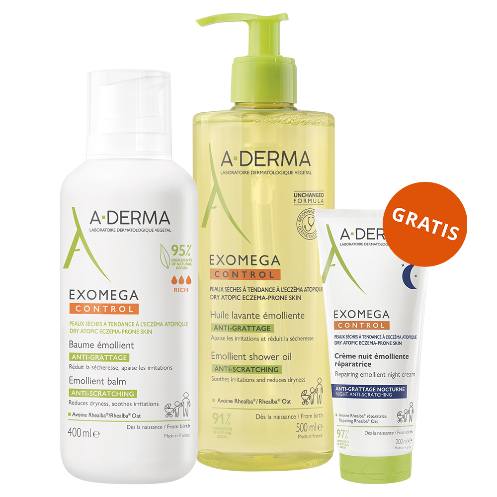 Набор A-Derma Exomega Control, масло для душа 500 мл, бальзам 400 мл, ночной крем 200 мл
