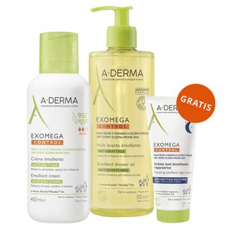 Zestaw A-Derma Exomega Control, olejek emolient pod prysznic przeciw drapaniu, 500 ml + krem emolient, 400 ml + regenerujący krem emolient na noc, 200 ml gratis Zestaw A-Derma Exomega Control, olejek emolient pod prysznic przeciw drapaniu, 500 ml + krem emolient, 400 ml + regenerujący krem emolient na noc, 200 ml gratis - zdjęcie produktu