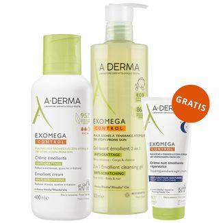 Zestaw A-Derma Exomega Control 2w1, żel emolient do mycia ciała, twarzy, włosów, od urodzenia, 500 ml + krem emolient, 400 ml + regenerujący krem emolient na noc, 200 ml gratis - zdjęcie produktu