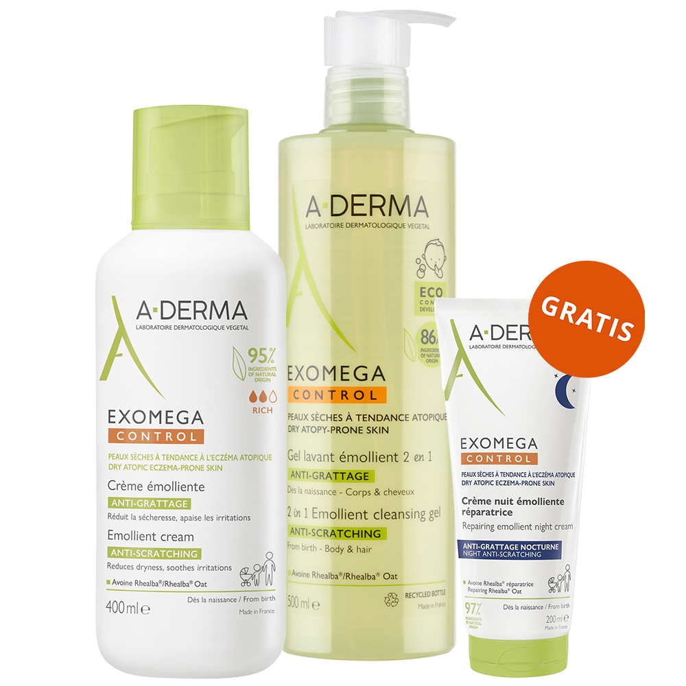 Набор A-Derma Exomega Control, гель 2 в 1 для мытья 500 мл, крем 400 мл, ночной крем 200 мл