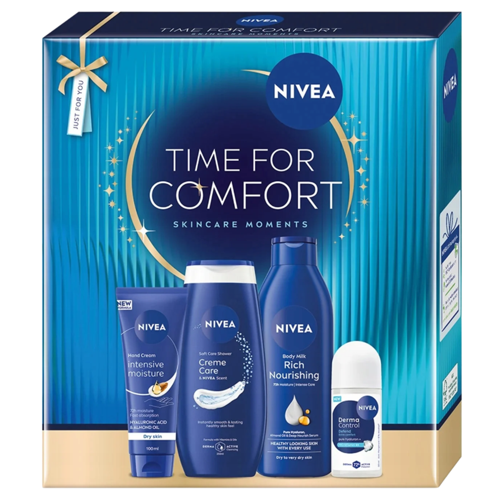 Nivea Zestaw Nivea Time for Comfort, mleczko do ciała, 250 ml + krem do rąk, 100 ml + żel pod prysznic, 250 ml + antyperspirant roll-on, 50 ml