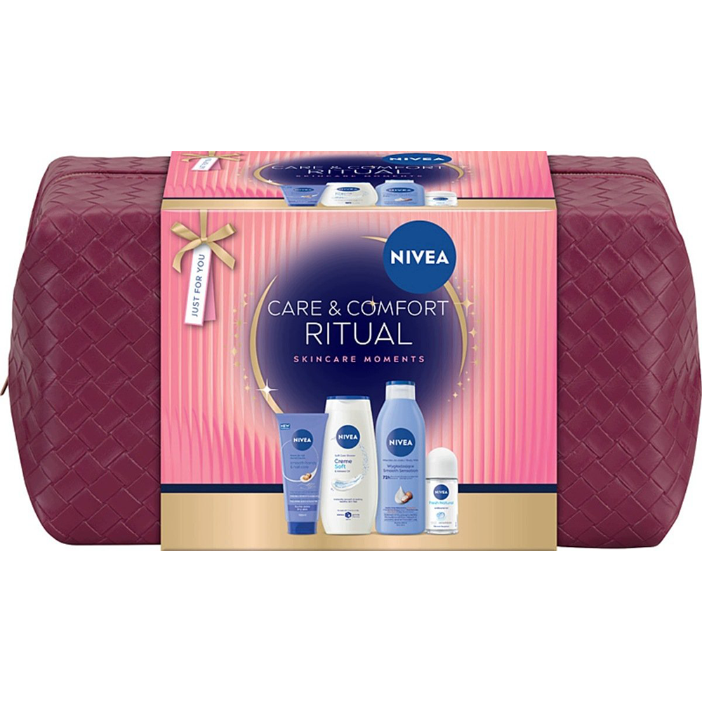 Nivea Zestaw Nivea Care&Comfort Ritual, krem do rąk, 100 ml + mleczko do ciała, 250 ml + żel pod prysznic, 250 ml + antyperspirant roll-on, 50 ml + kosmetyczka