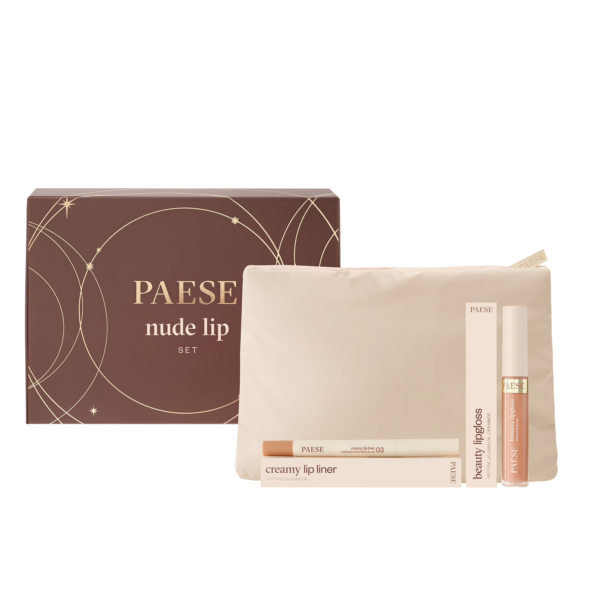 Paese Zestaw Paese Nude Lip, Tasty Lips, błyszczyk Beauty Lipgloss 14 Caramel Mousse, 1 sztuka + Tasty Lips, kremowa konturówka do ust 03 Honey Mood, 1 sztuka + kosmetyczka — Składniki i ocena