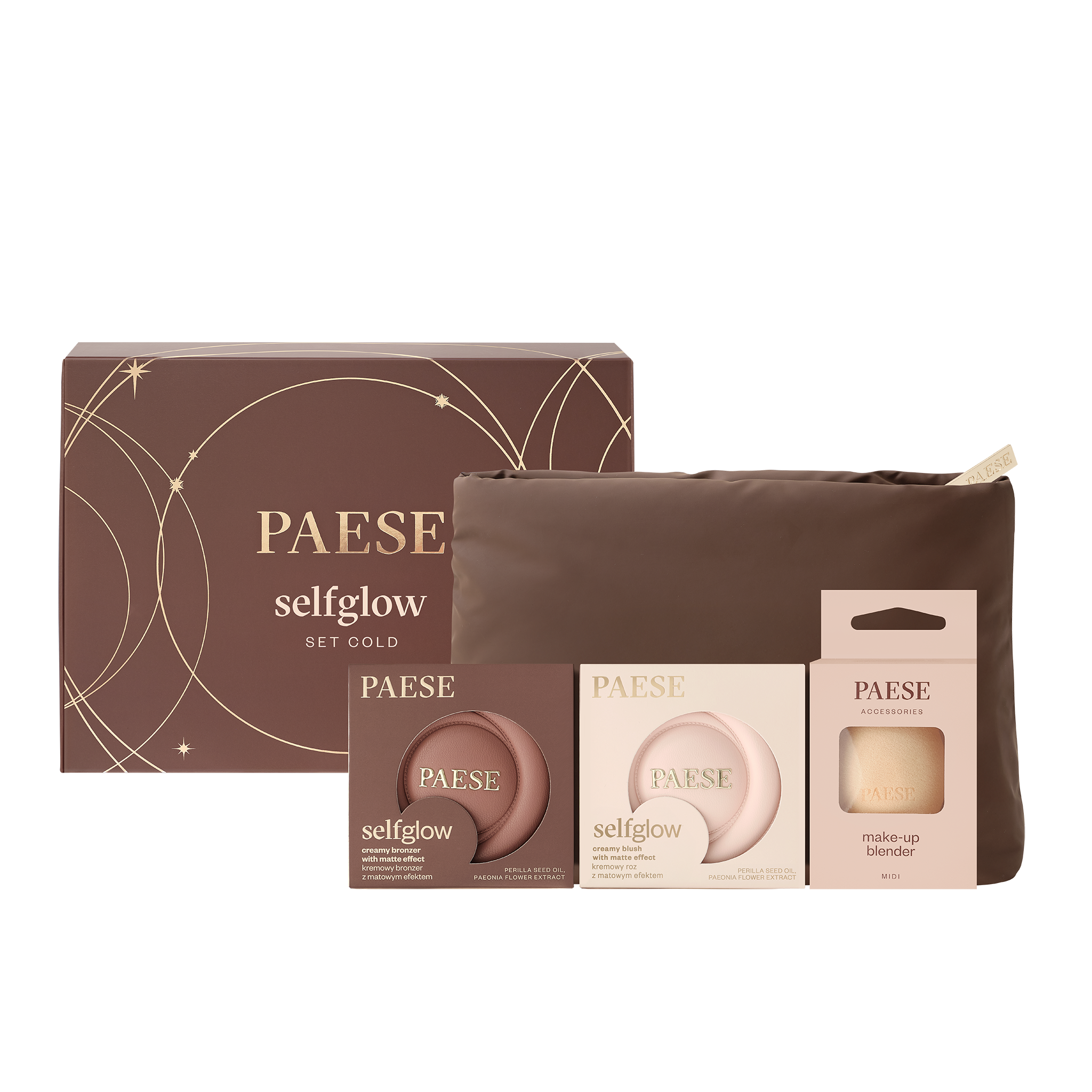 Paese Zestaw Paese Selfglow Cold, kremowy bronzer 02 velvet sand, 1 sztuka + kremowy róż 03 rose veil, 1 sztuka + gąbka do makijażu, midi, 1 sztuka + kosmetyczka — Składniki i ocena
