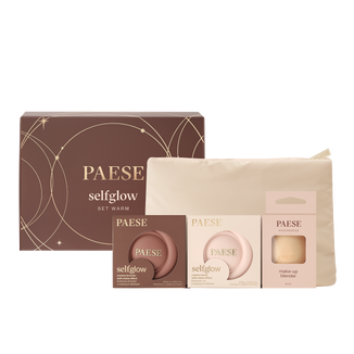 Zestaw Paese Selfglow Warm, kremowy bronzer 01 velvet tan, 1 sztuka + kremowy róż 02 peach sunrise, 1 sztuka + gąbka do makijażu, midi, 1 sztuka + kosmetyczka - zdjęcie produktu