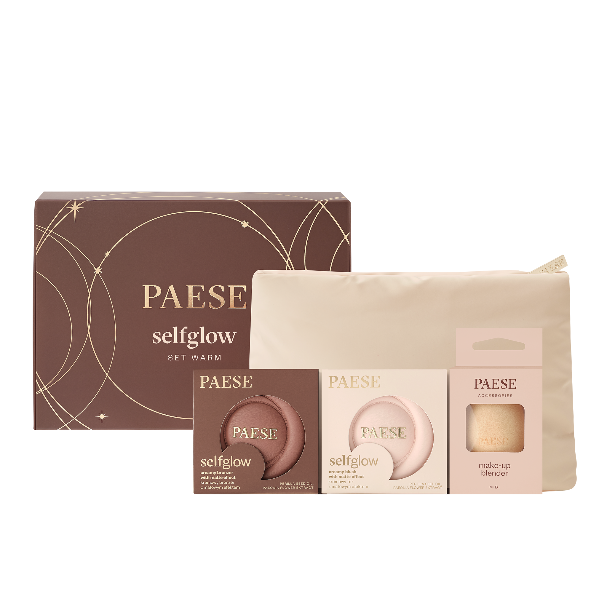 Paese Zestaw Paese Selfglow Warm, kremowy bronzer 01 velvet tan, 1 sztuka + kremowy róż 02 peach sunrise, 1 sztuka + gąbka do makijażu, midi, 1 sztuka + kosmetyczka — Składniki i ocena