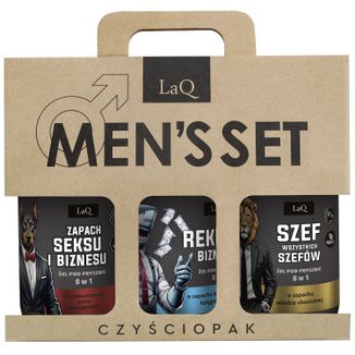 Zestaw LaQ Men's Set Czyściopak, żele pod prysznic, Zapach Seksu i Biznesu, 500 ml + Rekin Biznesu, 500 ml + Szef Wszystkich Szefów, 500 ml - zdjęcie produktu